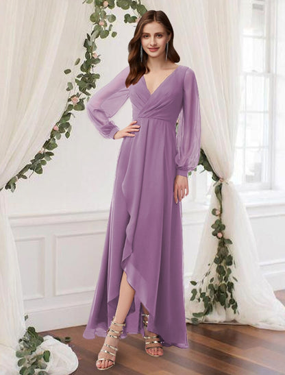 A-Line Prom Dresses Empire Dress Wedding Guest Ankle Length Long Sleeve V Neck Chiffon with Pleats