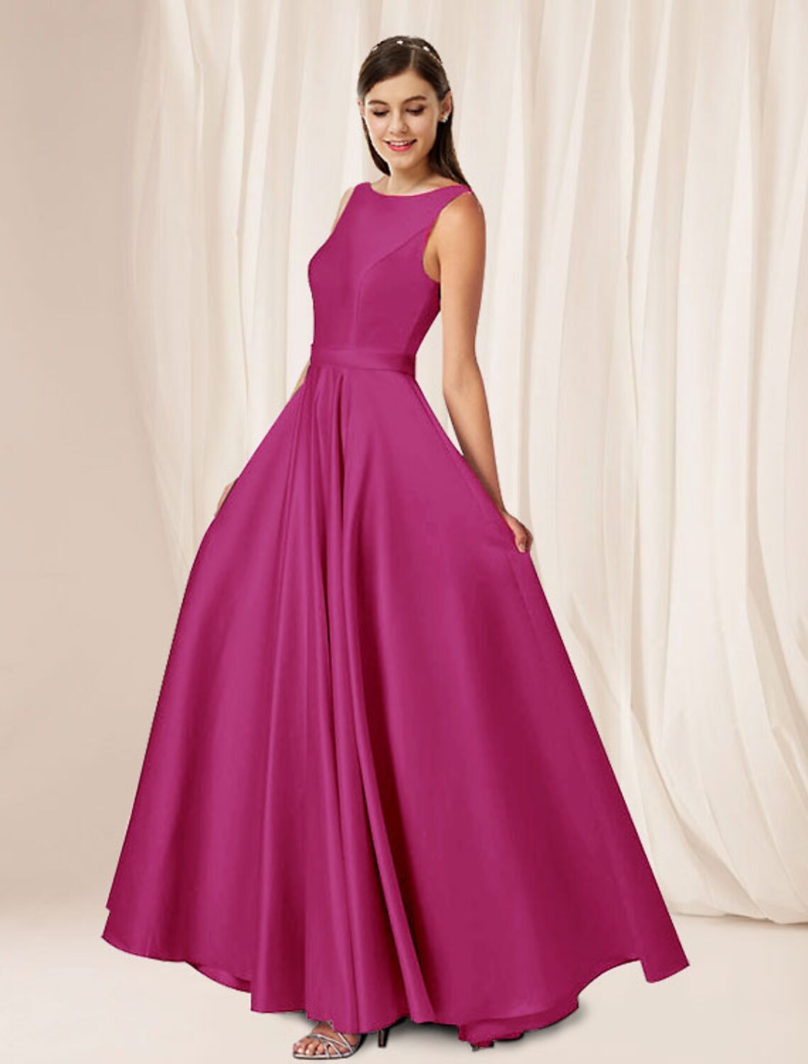 A-Line Bridesmaid Dress Sleeveless Elegant Floor Length Satin with Pleats