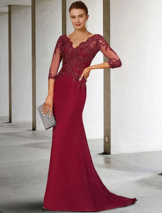 Mother of the Bride Dress Luxurious Elegant V Neck Lace Stretch Chiffon Length Sleeve with Sequin Appliques