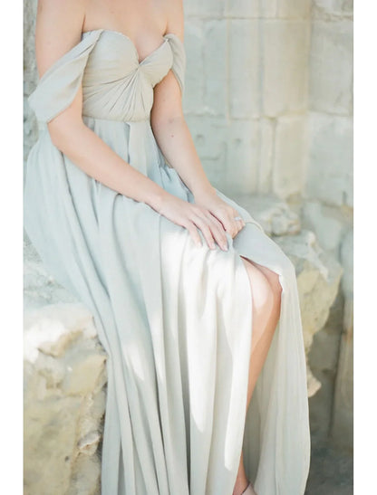 A-Line Bridesmaid Dress Neckline Short Sleeve Furcal Floor Length Chiffon with Pleats Split Front