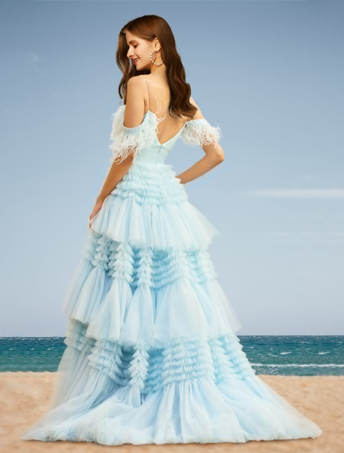A-Line Prom Dresses Tiered Dress Wedding Party Court Train Sleeveless Off Shoulder Tulle with Slit