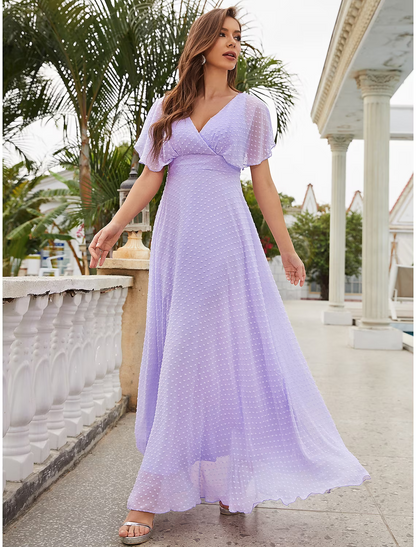 A-Line Wedding Guest Dresses Elegant Dress Party Wear Ankle Length Short Sleeve V Neck Chiffon with Ruffles Strappy