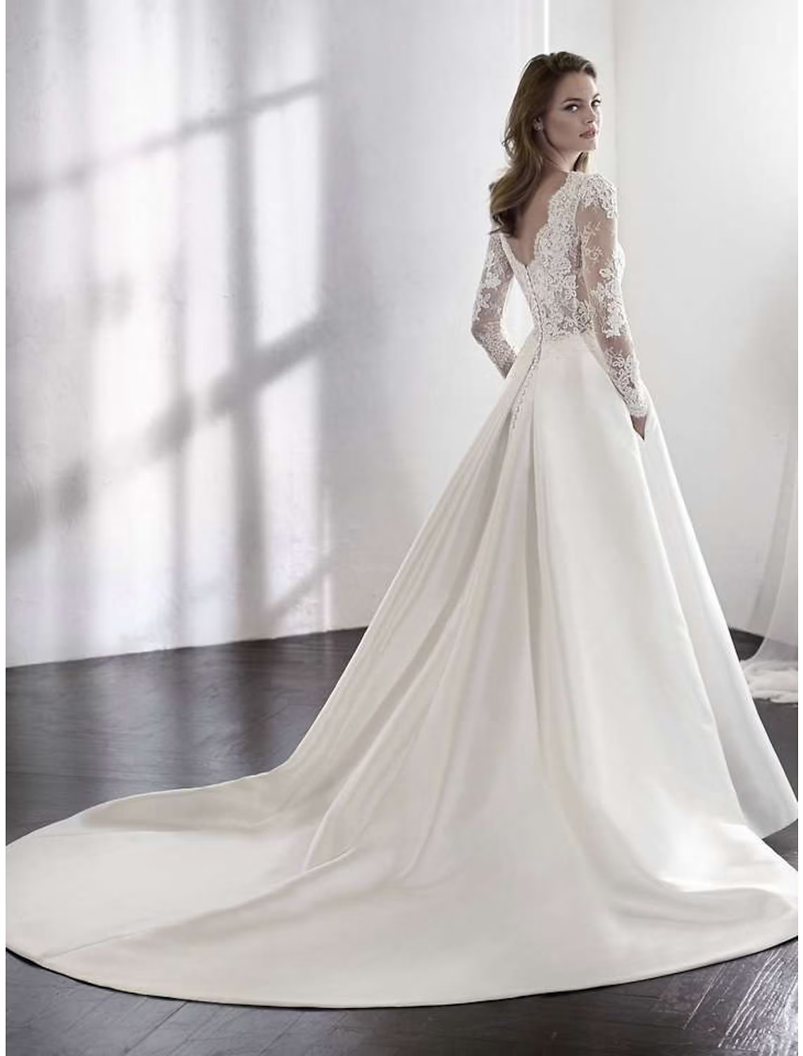 Beach Formal Wedding Dresses Chapel Train A-Line Long Sleeve Jewel Neck Satin With Lace Pleats