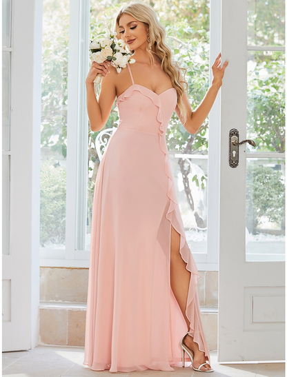 A-Line Wedding Guest Dresses Casual Dress Party Wear Floor Length Sleeveless Strap Chiffon with Ruffles Slit