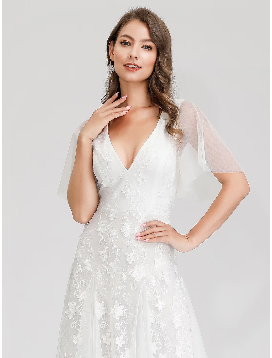 Bridal Shower Wedding Dresses A-Line Short Sleeve V Neck Tulle With Lace Appliques