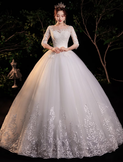 Engagement Formal Wedding Dresses Floor Length Princess Half Sleeve Jewel Neck Lace With Appliques