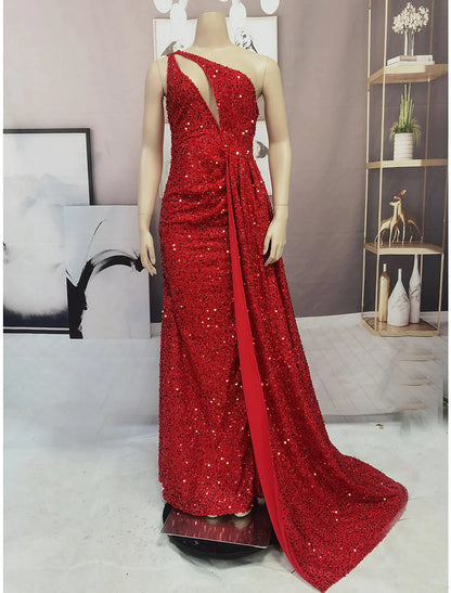 Sparkle Shine High Split Prom Formal Evening Dress One Shoulder Sleeveless Sequined with Slit
