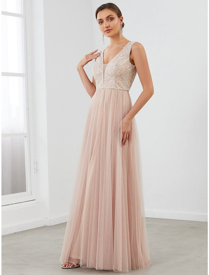 A-Line Evening Gown Elegant Dress Wedding Guest Floor Length Sleeveless V Neck Tulle V Back with Sequin Draping