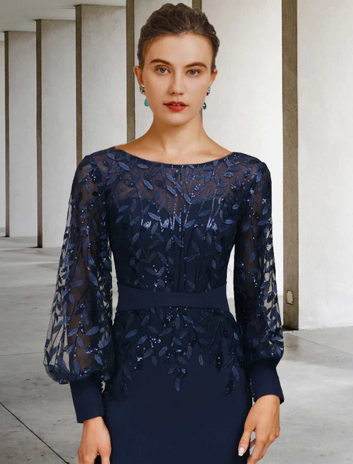 Mother of the Bride Dress Vintage Elegant Chiffon Lace Long Sleeve with Sequin Ruffles