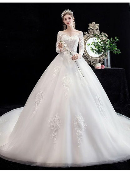 Engagement Formal Wedding Dresses Princess Long Sleeve Off Shoulder Lace With Beading Appliques