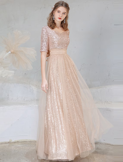 A-Line Evening Gown Sparkle Dress Wedding Guest Floor Length Half Sleeve V Neck Sequined with Bow(s) Sequin