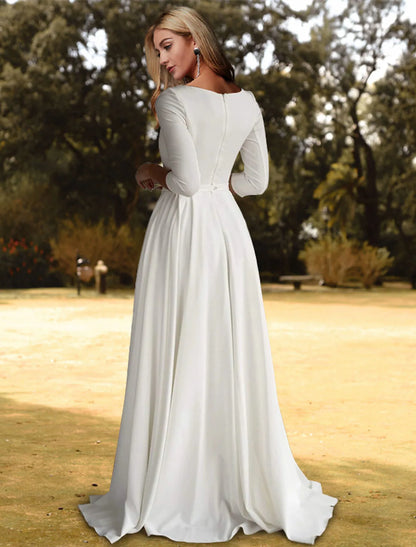 Casual Wedding Dresses A-Line Length Sleeve Stretch Pleats