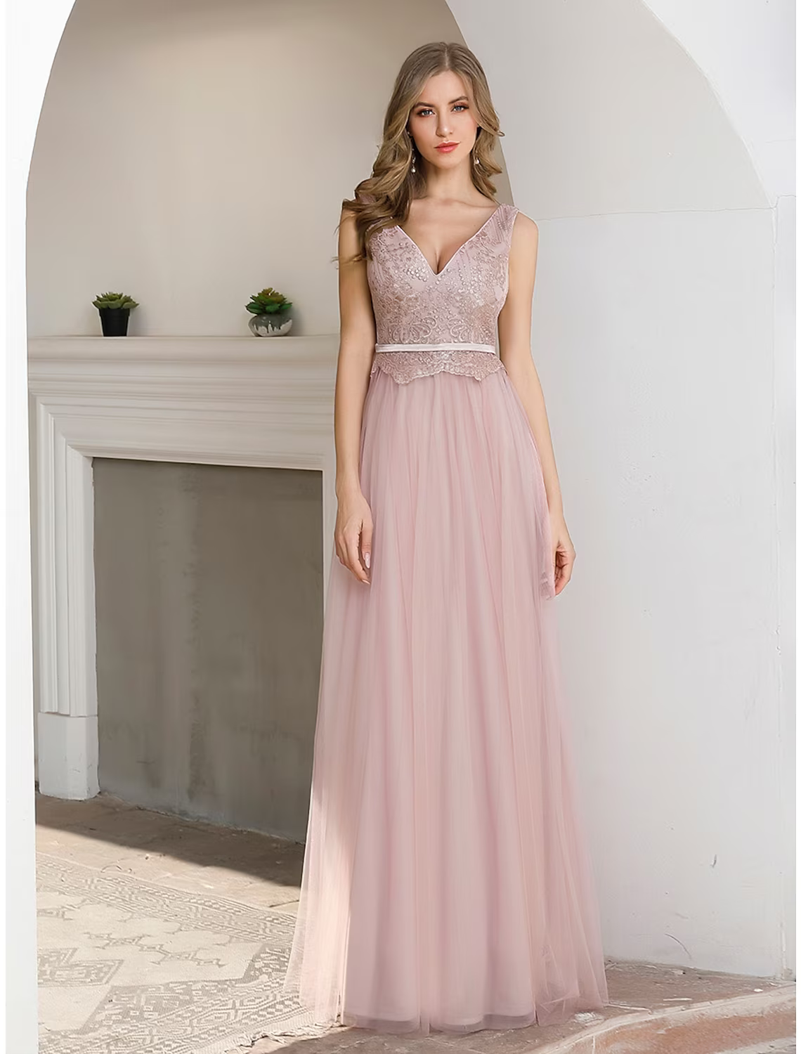 A-Line Evening Gown Elegant Dress Wedding Guest Floor Length Sleeveless V Neck Satin V Back with Sash Ribbon Sequin