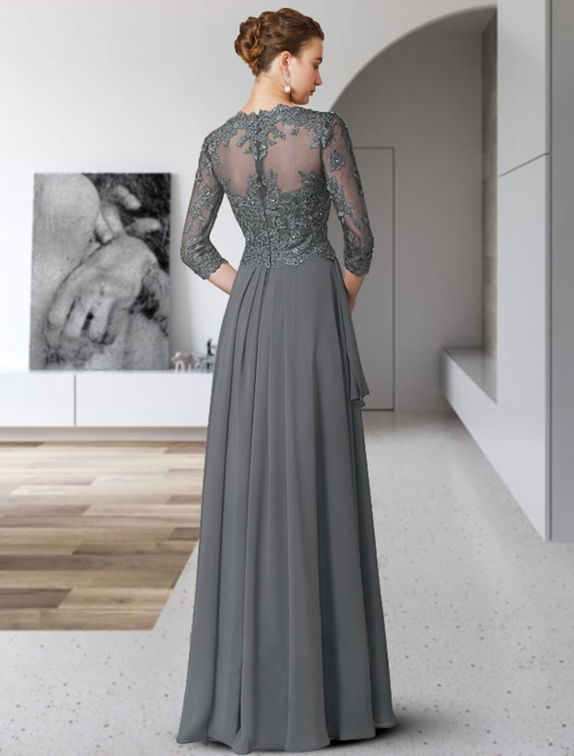 A-Line Mother of the Bride Dress Elegant V Neck Floor Length Chiffon Lace Sleeve with Pleats Appliques