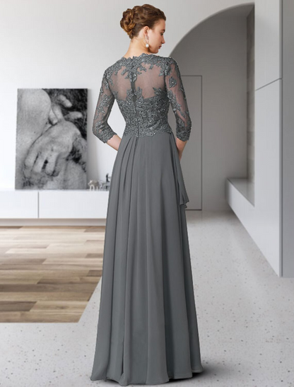 A-Line Mother of the Bride Dress Elegant V Neck Floor Length Chiffon Lace Sleeve with Pleats Appliques