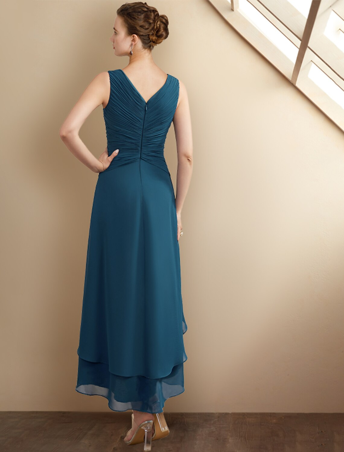 A-Line Mother of the Bride Dress Elegant High Low V Neck Asymmetrical Chiffon Sleeveless Wrap Included with Beading Cascading Ruffles Side-Draped