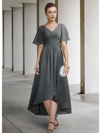 A-Line Mother of the Bride Dress Elegant High Low V Neck Asymmetrical Chiffon Short Sleeve with Pleats Ruching