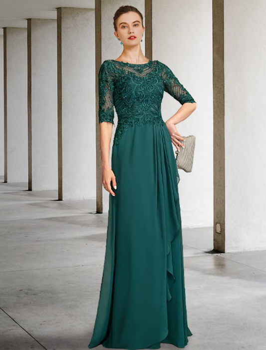 A-Line Mother of the Bride Dress Luxurious Elegant Floor Length Chiffon Lace Half Sleeve with Pleats Beading Appliques