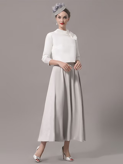 Two Piece Mother of the Bride Dress Church Elegant  Ankle Length Stretch Satin Sleeve with Bow(s)