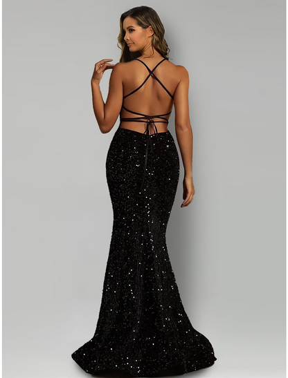 Mermaid / Trumpet Evening Gown Black Dress Formal Sweep / Brush Train Sleeveless Halter Sequined with Sequin