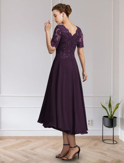 A-Line Mother of the Bride Dress Elegant V Neck Floor Length Chiffon Lace Short Sleeve with Appliques