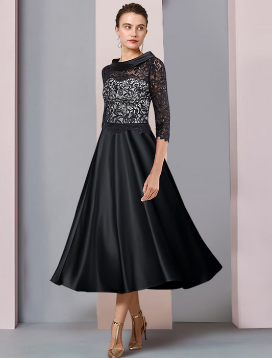 A-Line Mother of the Bride Dress Formal Wedding Guest Party Elegant Neck Satin Lace Half Sleeve with Pleats Appliques