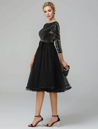 A-Line Cocktail Dresses Sparkle & Shine Dress Formal Tea Length 3/4 Length Sleeve Jewel Neck Fall Wedding Guest Tulle with Sequin