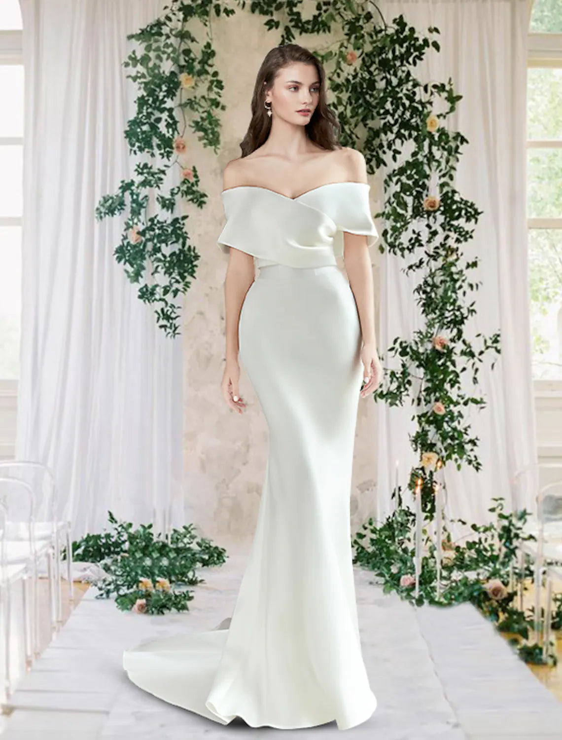 Casual Wedding Dresses Short Sleeve Off Shoulder Satin With Ruched