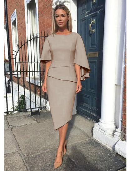Mother of the Bride Dress Wedding Guest Simple Plus Size Elegant  Asymmetrical Knee Length Charmeuse Half Sleeve Tier