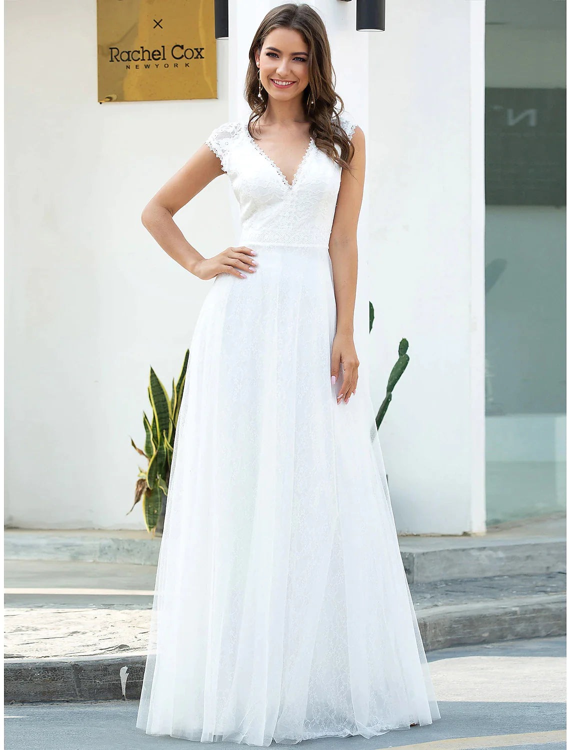 Beach Wedding Dresses Floor Length A-Line Short Sleeve V Neck Lace With Lace
