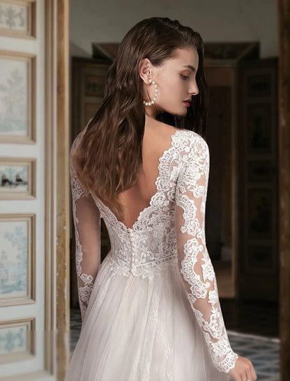 Engagement Formal Wedding Dresses A-Line Long Sleeve V Neck Lace