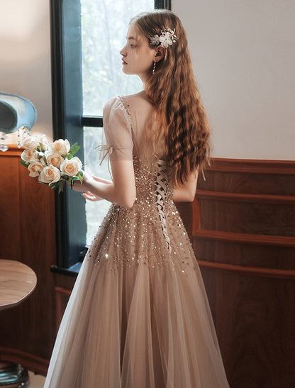 Prom Dresses Engagement Floor Length Sleeveless High Neck Tulle with Bow(s) Beading Sequin