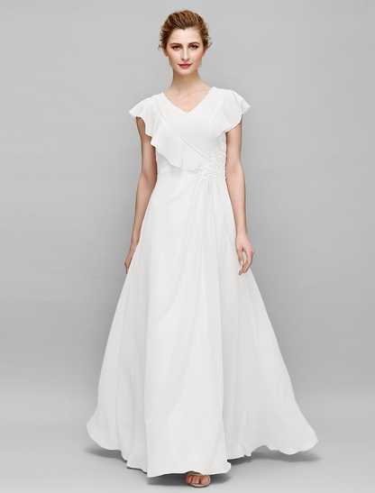 Mother of the Bride Dress Plus Size Elegant V Neck Floor Length Chiffon Sleeveless with Criss Cross Appliques
