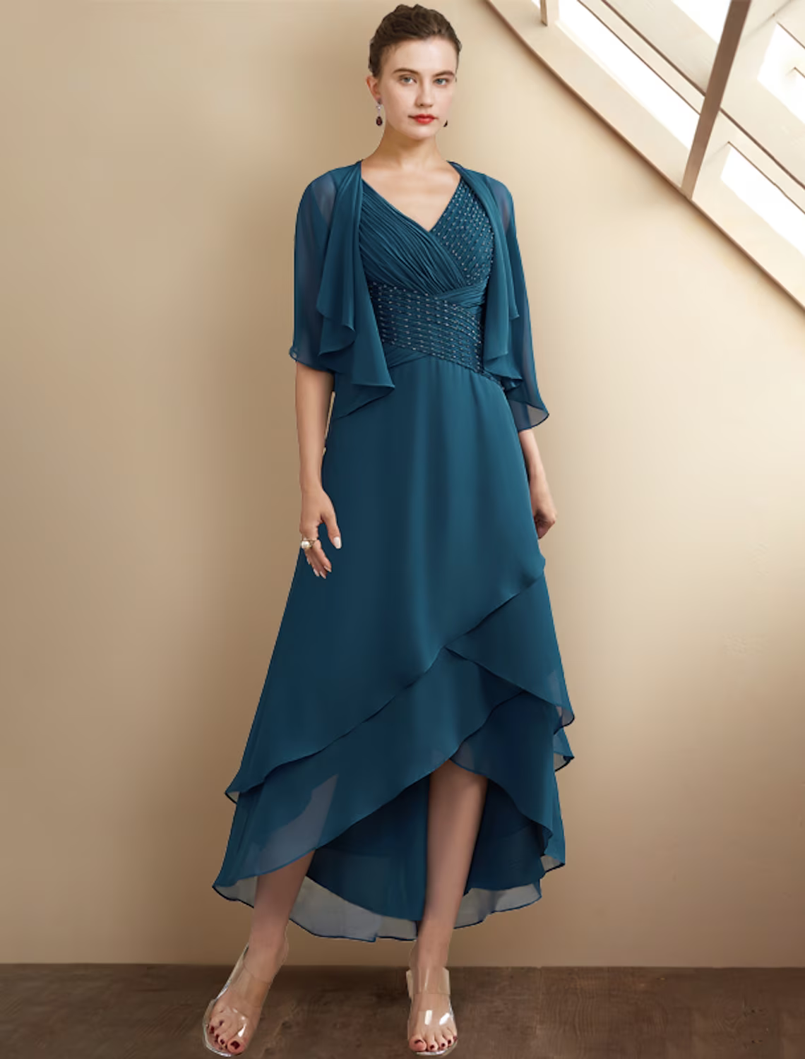 A-Line Mother of the Bride Dress Elegant High Low V Neck Asymmetrical Chiffon Sleeveless Wrap Included with Beading Cascading Ruffles Side-Draped