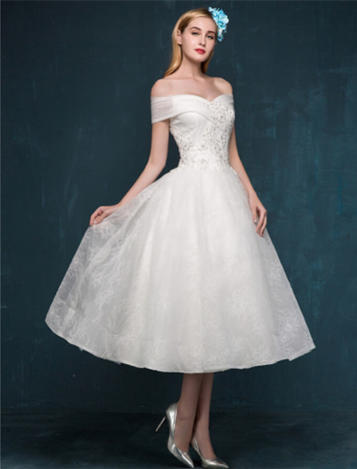 Little White Dresses Wedding Dresses Tea Length A-Line Short Sleeve Off Shoulder Beaded Lace With Beading Sequin