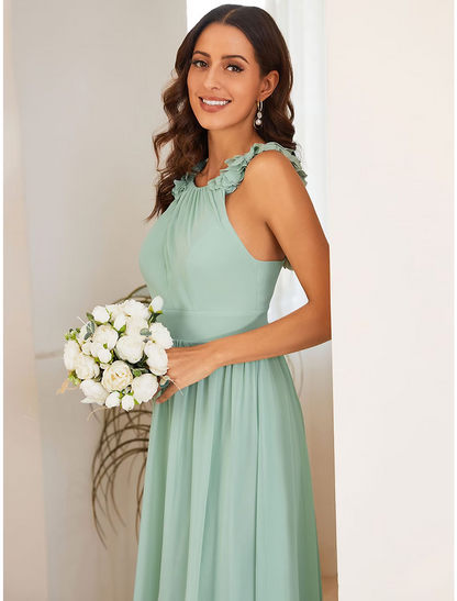 A-Line Wedding Guest Dresses Elegant Dress Formal Floor Length Sleeveless Jewel Neck Chiffon with Pleats Flower