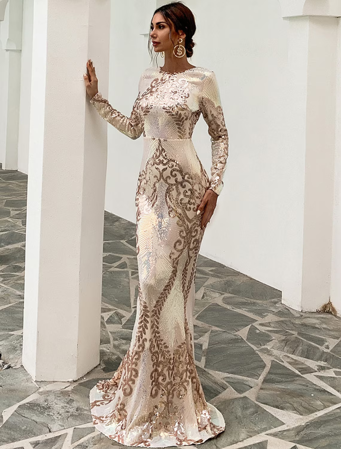 Evening Gown Sexy Dress Formal Long Sleeve Jewel Neck Polyester Backless with Sequin