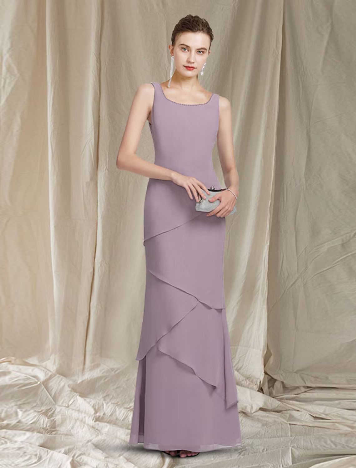 Two Piece Mother of the Bride Dress Elegant Scoop Neck Floor Length Chiffon Sleeveless Wrap Included with Beading Cascading Ruffles