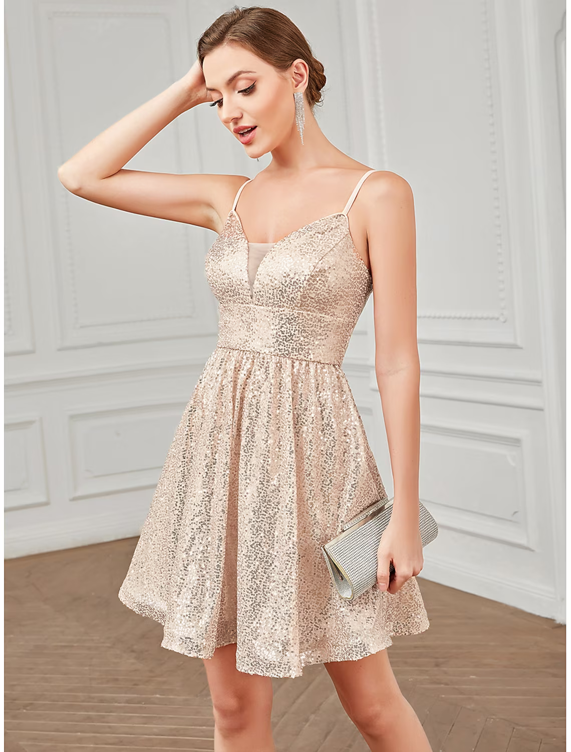 A-Line Homecoming Dresses Vintage Dress Homecoming Short Mini Sleeveless V Neck Sequined with Glitter Sequin