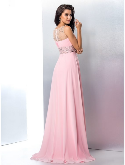 A-Line Prom Dresses Sparkle Shine Dress Party Wear Sleeveless Jewel Neck Chiffon with Rhinestone Slit