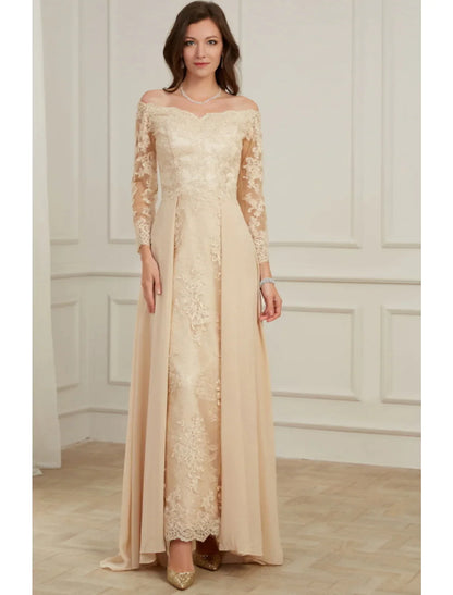 A-Line Evening Gown Elegant Dress Wedding Guest Floor Length Long Sleeve Off Shoulder Appliques