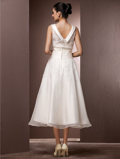 Hall Wedding Dresses Tea Length A-Line Regular Straps Bateau Neck Organza With Pearl Beading