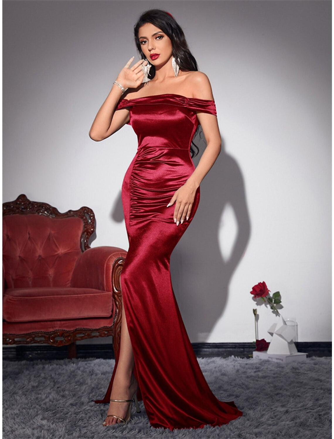 Party Dresses Vintage Dress Wedding Party Sleeveless Off Shoulder Stretch Satin with Ruched Slit