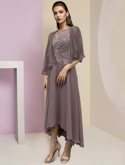 Two Piece A-Line Mother of the Bride Dress Formal Wedding Guest Party Elegant Scoop Neck Asymmetrical Chiffon Lace Sleeve Wrap Included with Beading Appliques