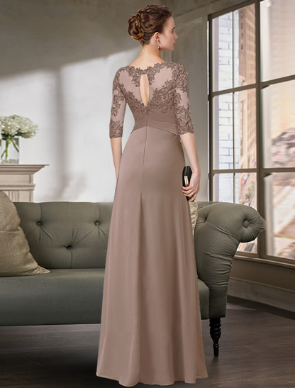 Mother of the Bride Dress Simple Elegant Floor Length Chiffon Lace Half Sleeve with Pleats