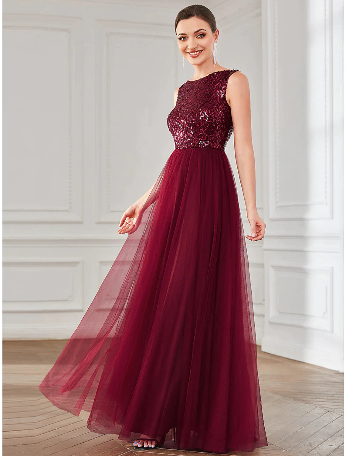 A-Line Party Dresses Elegant Dress Wedding Guest Floor Length Sleeveless Tulle with Sequin