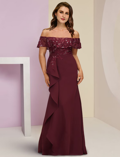 Plus Size Curve Mother of the Bride Dress Wedding Guest Party Elegant Off Shoulder Floor Length Chiffon Lace Short Sleeve with Sequin Ruffles