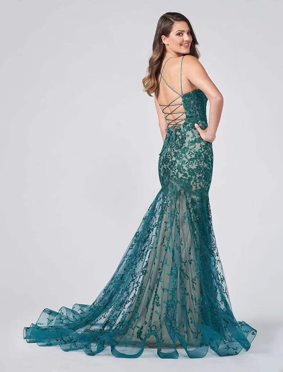 Evening Gown Color Block Dress Formal Court Train Sleeveless Strap Lace Backless with Appliques