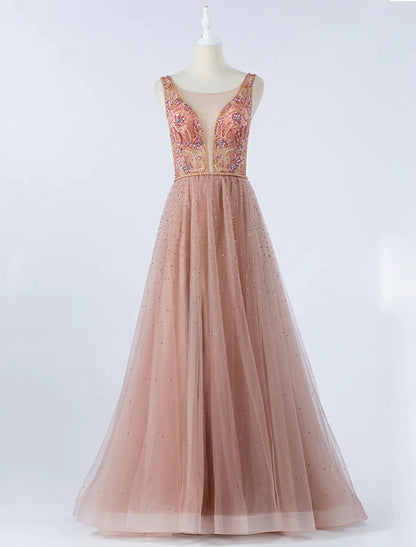 A-Line Luxurious Prom Formal Evening Dress Backless Sleeveless Floor Length Tulle with Crystals Beading