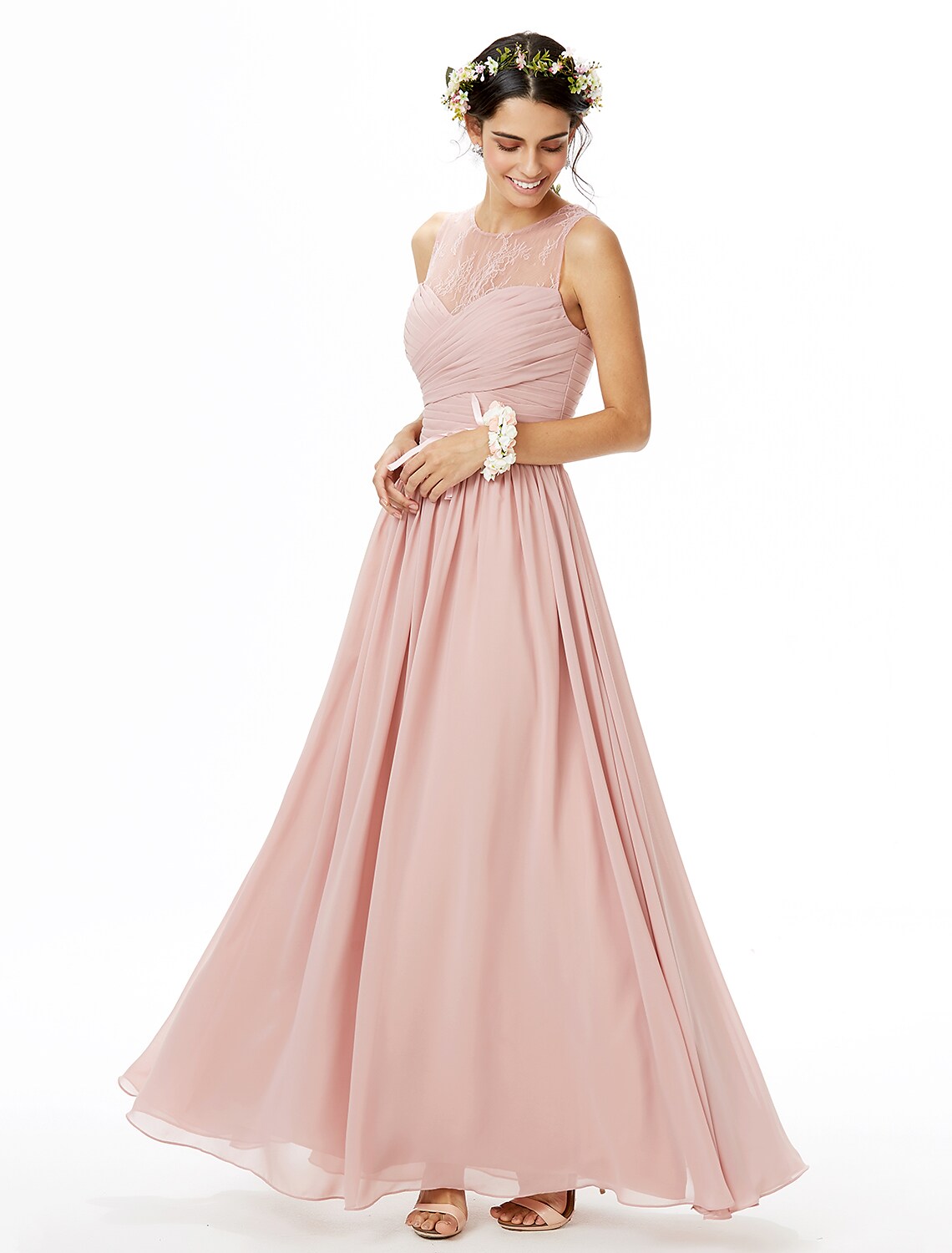 A-Line Bridesmaid Dress Sleeveless Floor Length Chiffon Lace Pleats